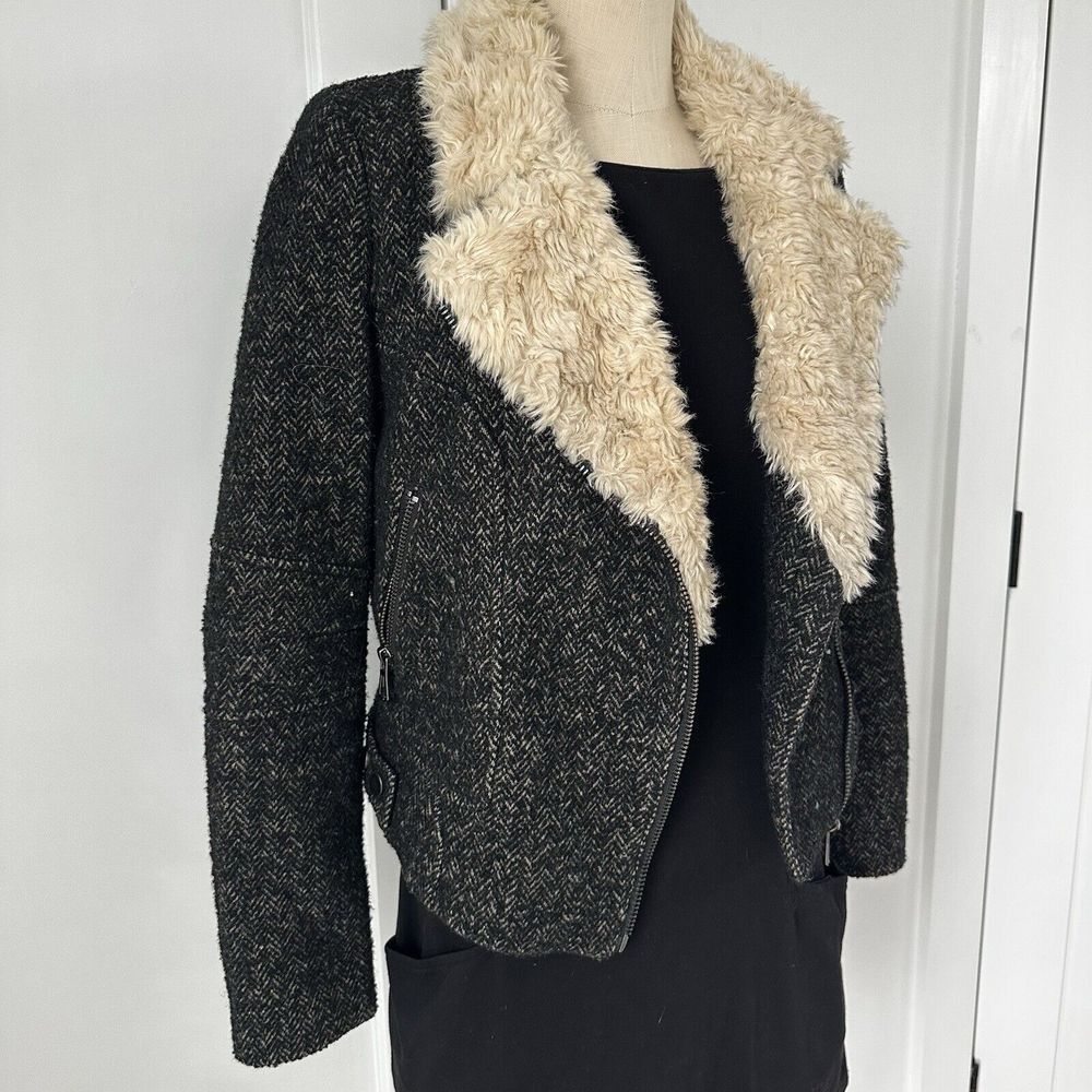 Zara Trafaluc Side Zip Shearling Wool Herringbone Tweed Moto Jacket Womens XS - Picture 4 of 10